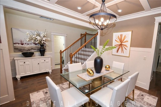 2228 Morgan Dr, Auburn, AL 36830 - dining area featuring coffered ceiling, a chandelier, stairway, dark wood-style floors, and recessed lighting