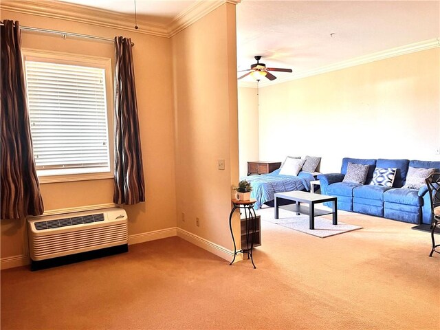 430 W Glenn Ave Unit 420, Auburn, AL 36832 - living area with carpet flooring, crown molding, a ceiling fan, and a wall mounted AC