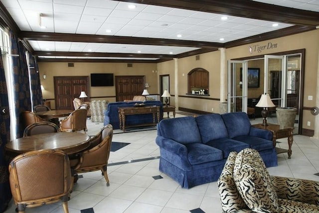 430 W Glenn Ave Unit 420, Auburn, AL 36832 - living area featuring light tile patterned flooring, recessed lighting, and beam ceiling