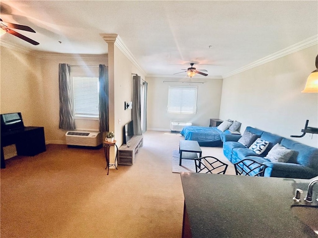 430 W Glenn Ave Unit 420, Auburn, AL 36832 - carpeted living area with a ceiling fan, crown molding, and baseboards