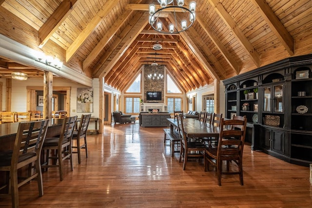 dining area featuring wood ceiling, dark hardwood / wood-style floors, and a chandelier