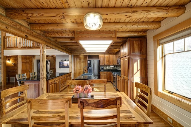 dining area featuring sink, wood walls, wood ceiling, light wood-type flooring, and beam ceiling