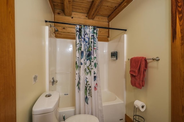 bathroom with wood ceiling, shower / tub combo with curtain, and beam ceiling