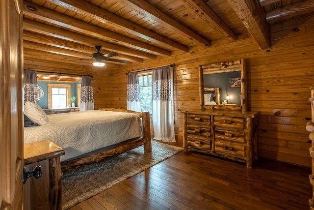 bedroom featuring beamed ceiling, dark wood-type flooring, wood ceiling, and wood walls