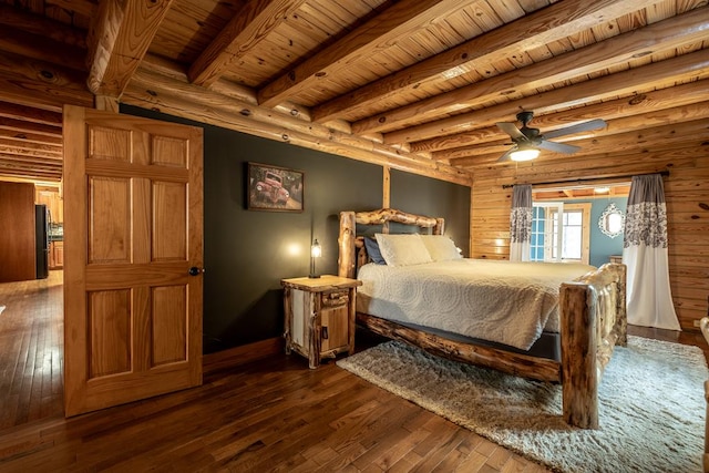 bedroom with black refrigerator, beam ceiling, dark hardwood / wood-style flooring, and wooden ceiling