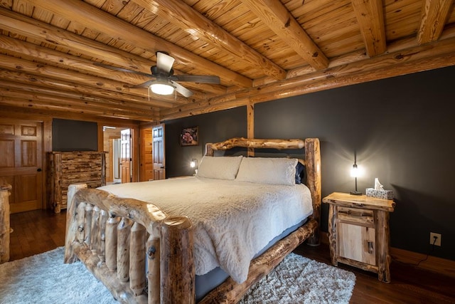 bedroom with dark hardwood / wood-style flooring, wood ceiling, and beam ceiling