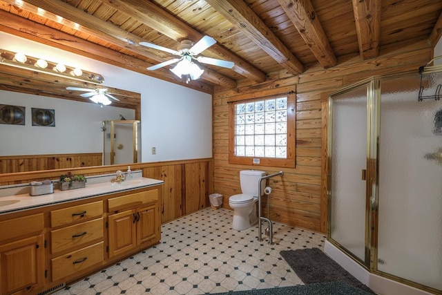 bathroom featuring beam ceiling, wooden walls, wooden ceiling, and walk in shower