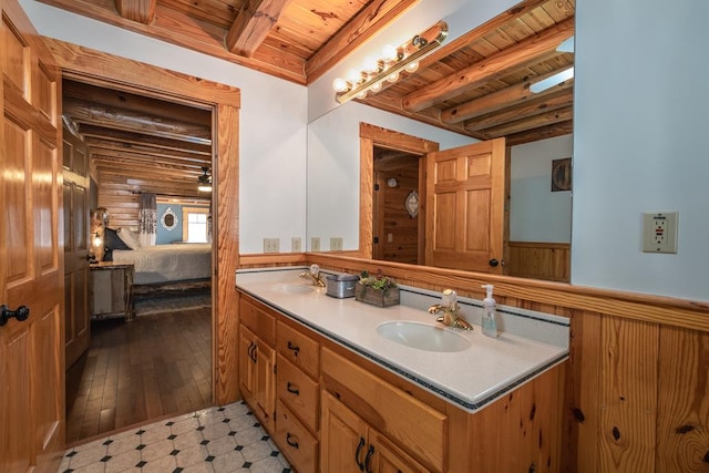 bathroom with wood ceiling, vanity, beam ceiling, and wood walls