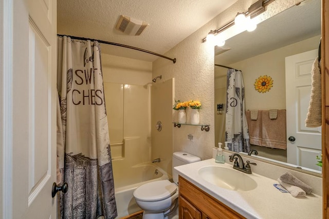 full bathroom featuring vanity, shower / bath combination with curtain, a textured ceiling, and toilet