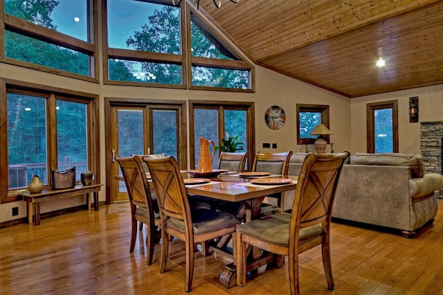 dining room with high vaulted ceiling, wooden ceiling, and light hardwood / wood-style floors