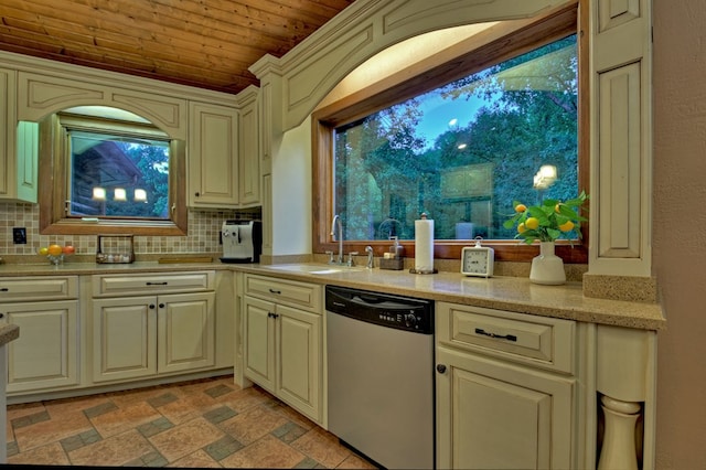 kitchen with backsplash, dishwasher, sink, wooden ceiling, and cream cabinets