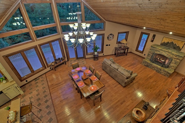 living room with high vaulted ceiling, wooden ceiling, hardwood / wood-style flooring, and a chandelier