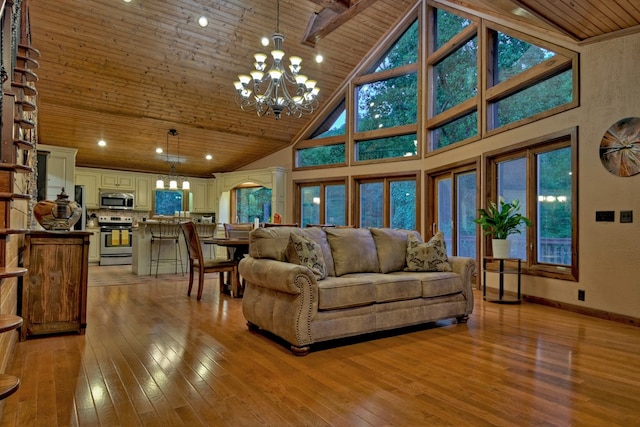 living room featuring high vaulted ceiling, wood ceiling, light hardwood / wood-style flooring, and a notable chandelier