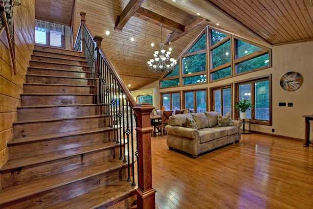 living room with hardwood / wood-style floors, beamed ceiling, an inviting chandelier, high vaulted ceiling, and wooden ceiling