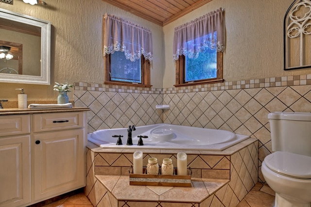 bathroom featuring wooden ceiling, tile walls, tile patterned floors, and a relaxing tiled tub