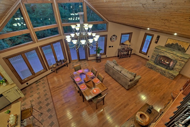 living room featuring high vaulted ceiling, hardwood / wood-style flooring, an inviting chandelier, and wooden ceiling