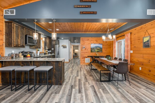 kitchen with wood ceiling, kitchen peninsula, wood walls, and stainless steel appliances