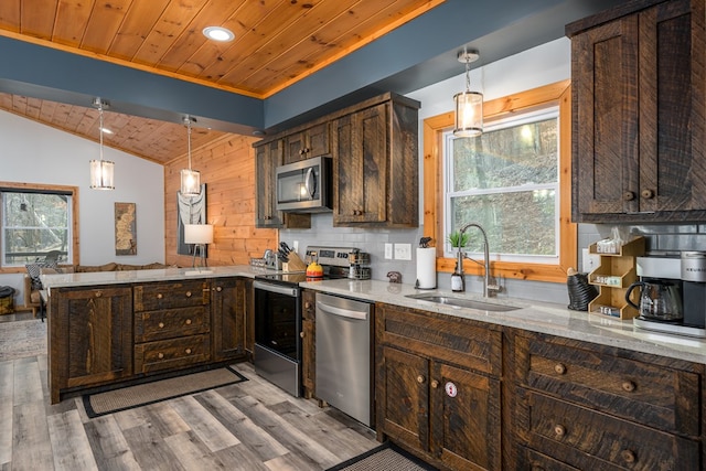 kitchen featuring sink, stainless steel appliances, hanging light fixtures, and wood ceiling