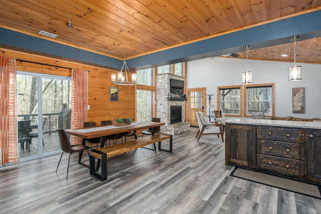 dining room with wood walls, a fireplace, wooden ceiling, and wood-type flooring