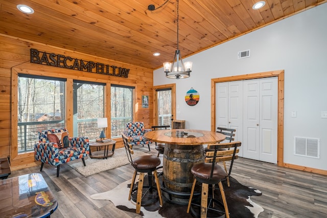 dining space featuring vaulted ceiling, a notable chandelier, wooden ceiling, dark hardwood / wood-style floors, and wood walls