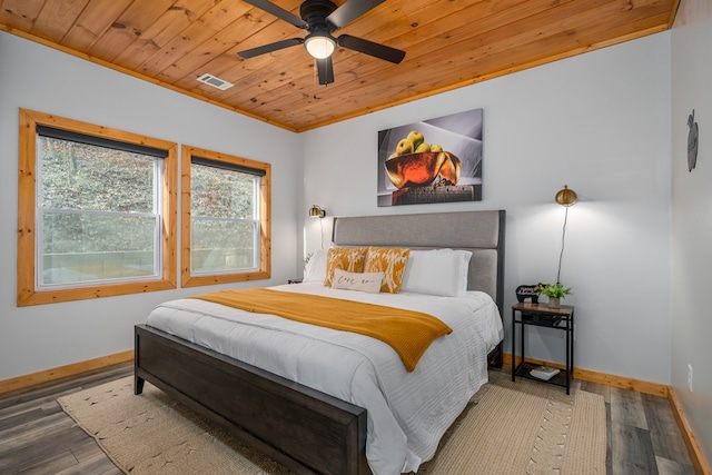 bedroom with hardwood / wood-style floors, ceiling fan, ornamental molding, and wood ceiling