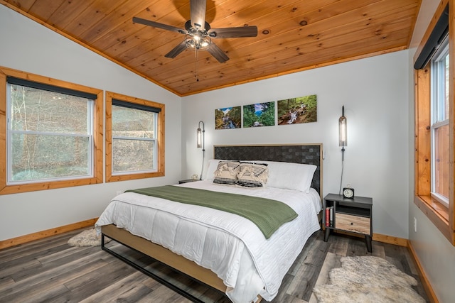 bedroom featuring dark hardwood / wood-style floors, ceiling fan, lofted ceiling, and wood ceiling