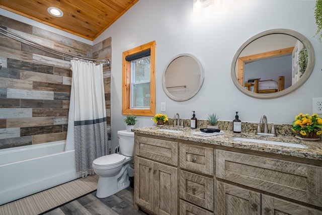 full bathroom featuring lofted ceiling, wooden ceiling, hardwood / wood-style flooring, toilet, and shower / bath combo with shower curtain