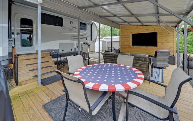 268 Getaway Holw, Hayesville, NC 28904 - deck with outdoor dining space and a shed