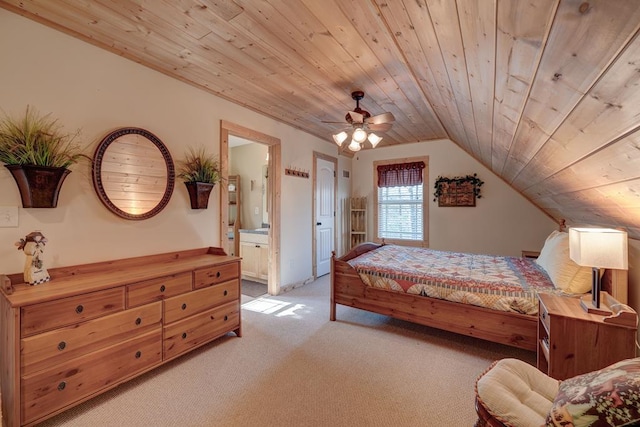 carpeted bedroom featuring ensuite bathroom, ceiling fan, vaulted ceiling, and wooden ceiling