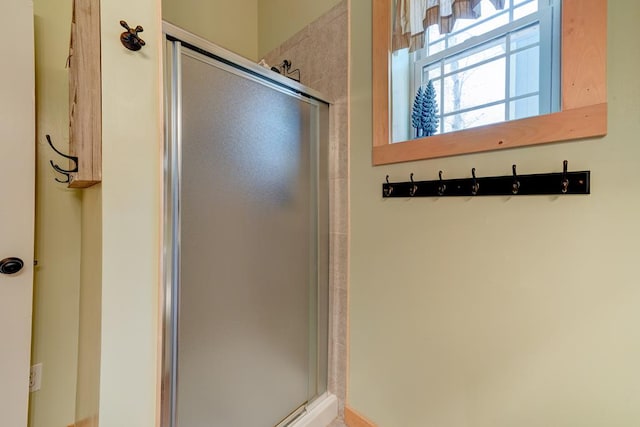 bathroom with a shower with shower door