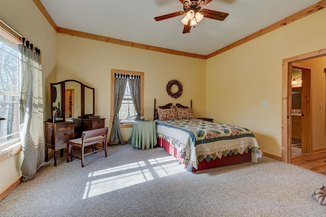 carpeted bedroom with ceiling fan, crown molding, and multiple windows