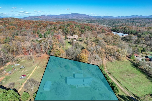 birds eye view of property featuring a mountain view and a wooded view
