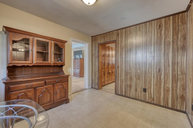 interior space featuring baseboards, wood walls, and light floors
