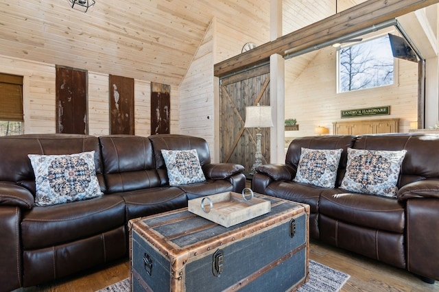 living room featuring hardwood / wood-style flooring, wood ceiling, wood walls, and high vaulted ceiling