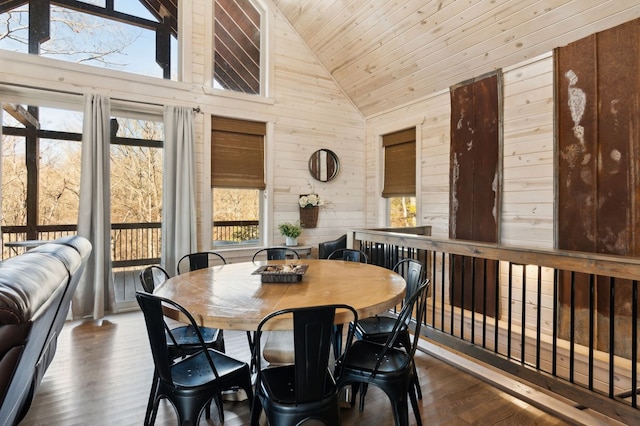 dining area featuring high vaulted ceiling, dark wood-type flooring, and wood walls