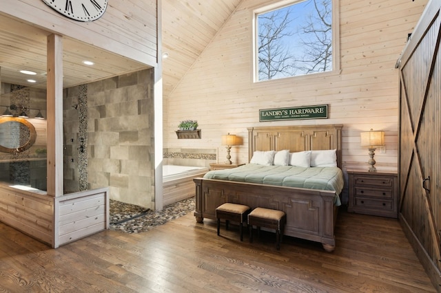 bedroom with high vaulted ceiling, dark hardwood / wood-style floors, and wood walls