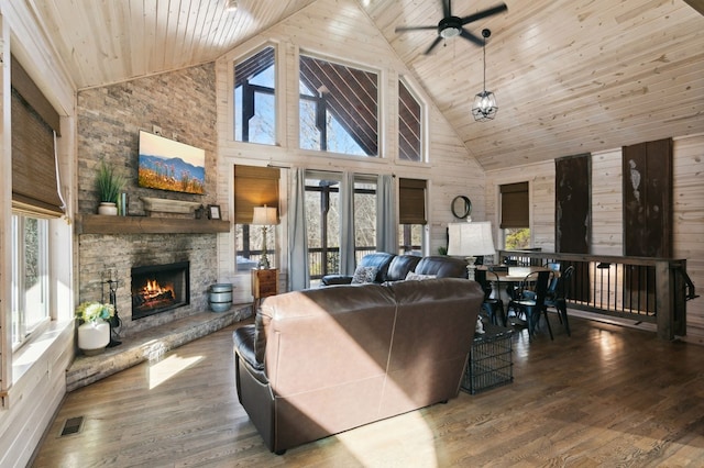 living room featuring wood ceiling, dark hardwood / wood-style floors, and high vaulted ceiling