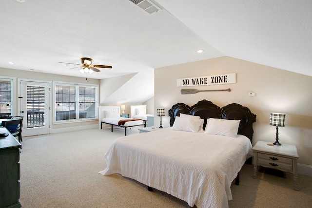 bedroom with access to exterior, visible vents, carpet, lofted ceiling, and recessed lighting