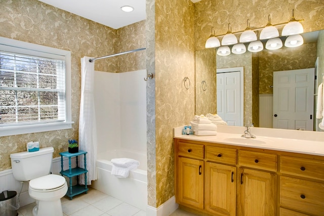 full bath with shower / bathtub combination with curtain, toilet, wallpapered walls, tile patterned flooring, and vanity