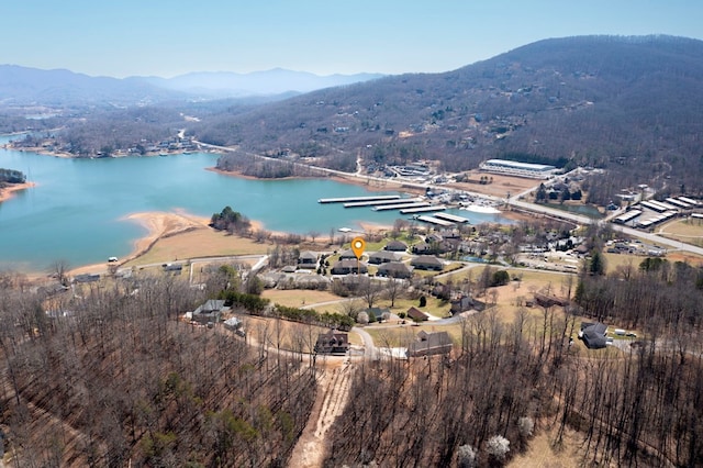 aerial view featuring a water and mountain view