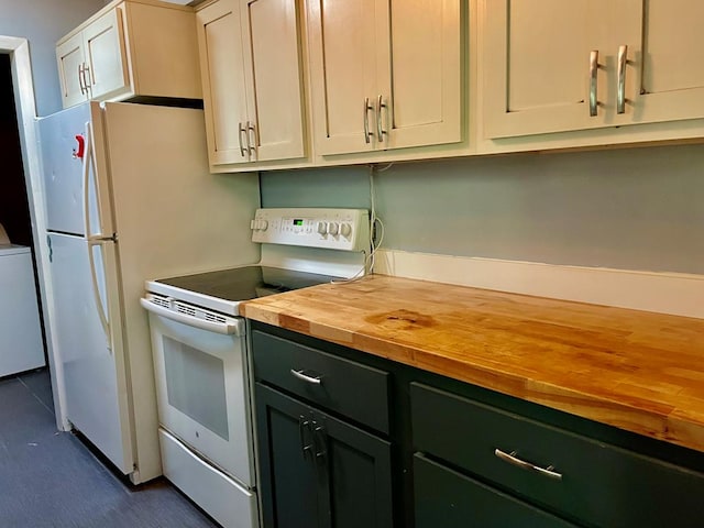 kitchen with washer / clothes dryer, white electric range, wooden counters, and white cabinets