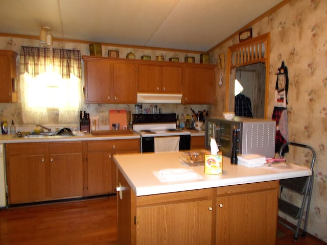 kitchen with wallpapered walls, white range with electric cooktop, under cabinet range hood, and light countertops