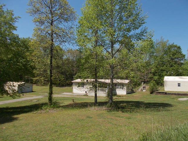 view of yard with an outdoor structure and a shed