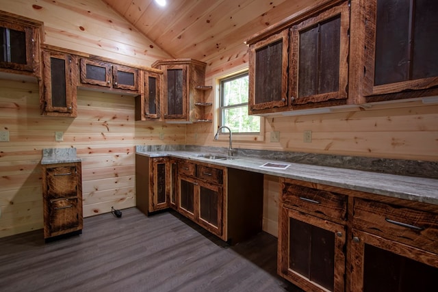 155 Stone Crest Ln, Murphy, NC 28906 - kitchen featuring lofted ceiling, dark wood finished floors, wood ceiling, and wood walls