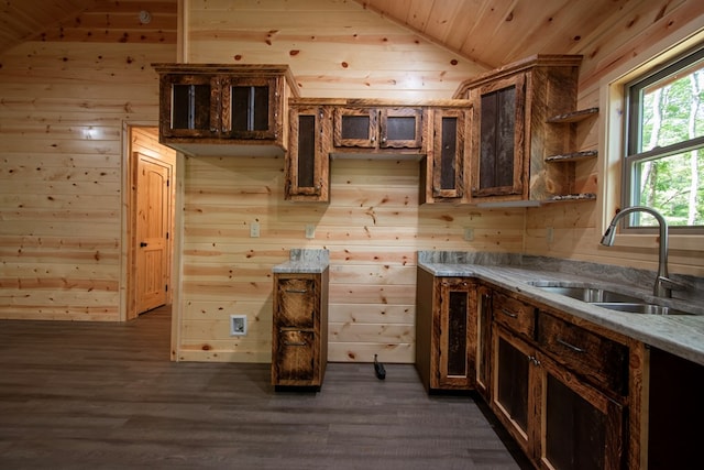 155 Stone Crest Ln, Murphy, NC 28906 - kitchen featuring lofted ceiling, wooden walls, wood ceiling, dark wood-style flooring, and light countertops