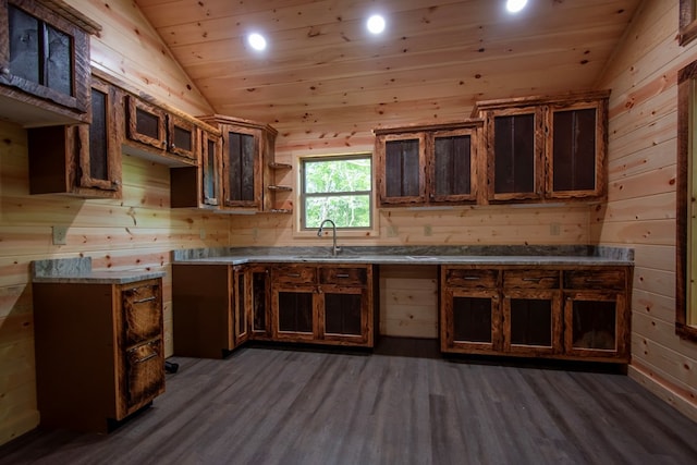 155 Stone Crest Ln, Murphy, NC 28906 - kitchen featuring vaulted ceiling, wooden walls, recessed lighting, dark wood finished floors, and wood ceiling