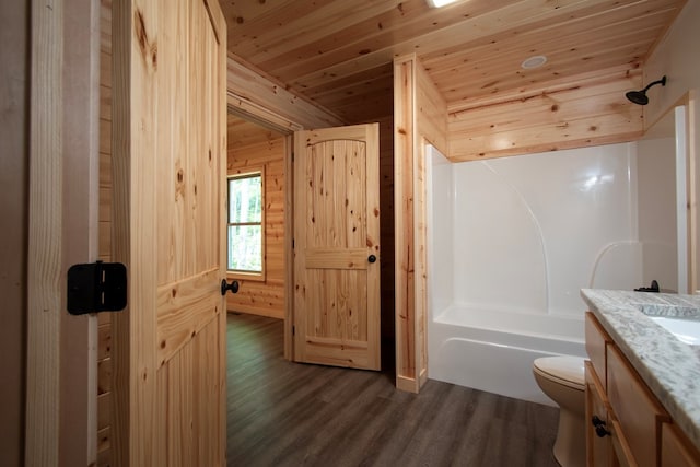 155 Stone Crest Ln, Murphy, NC 28906 - bathroom with wood ceiling, vanity, wood finished floors, wood walls, and shower / washtub combination
