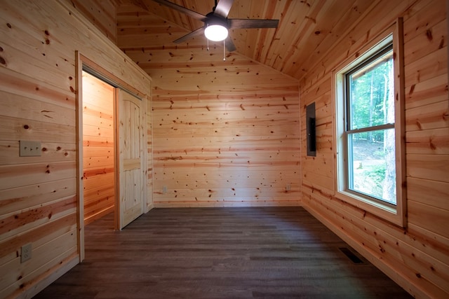 155 Stone Crest Ln, Murphy, NC 28906 - empty room with wooden walls, a ceiling fan, dark wood-style flooring, wooden ceiling, and lofted ceiling