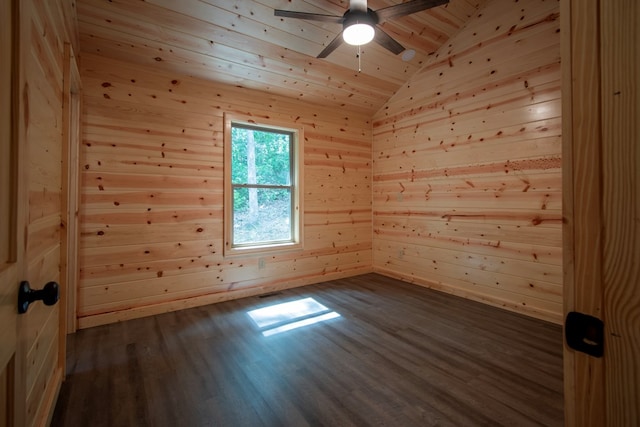 155 Stone Crest Ln, Murphy, NC 28906 - spare room with wooden ceiling, vaulted ceiling, dark wood-style flooring, ceiling fan, and wood walls
