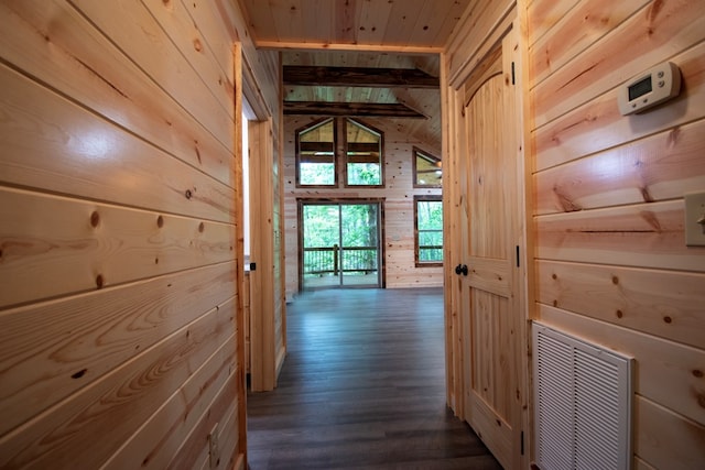 155 Stone Crest Ln, Murphy, NC 28906 - corridor featuring wooden walls, dark wood finished floors, and wooden ceiling